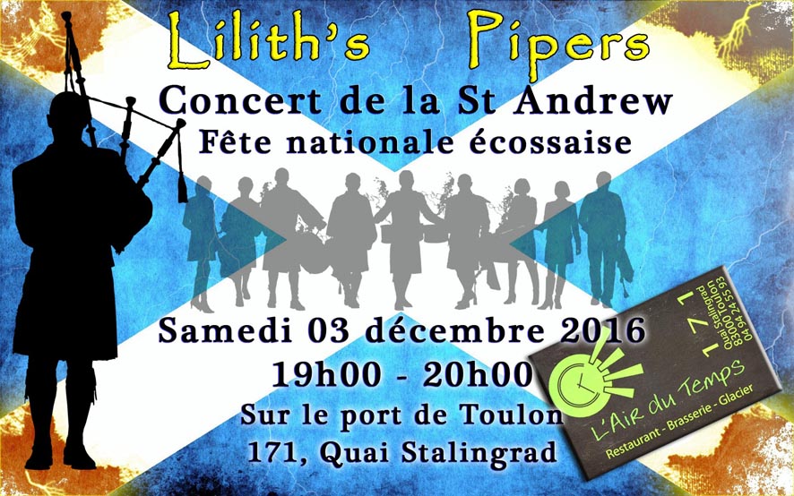 Affiche concert St Andrew 2016 Toulon Cornemuses groupe celtique Lilith's Pipers